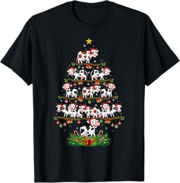 Funny Christmas Shirts, Cow Christmas Tree Funny Cow Lover Cow Xmas T-Shirt