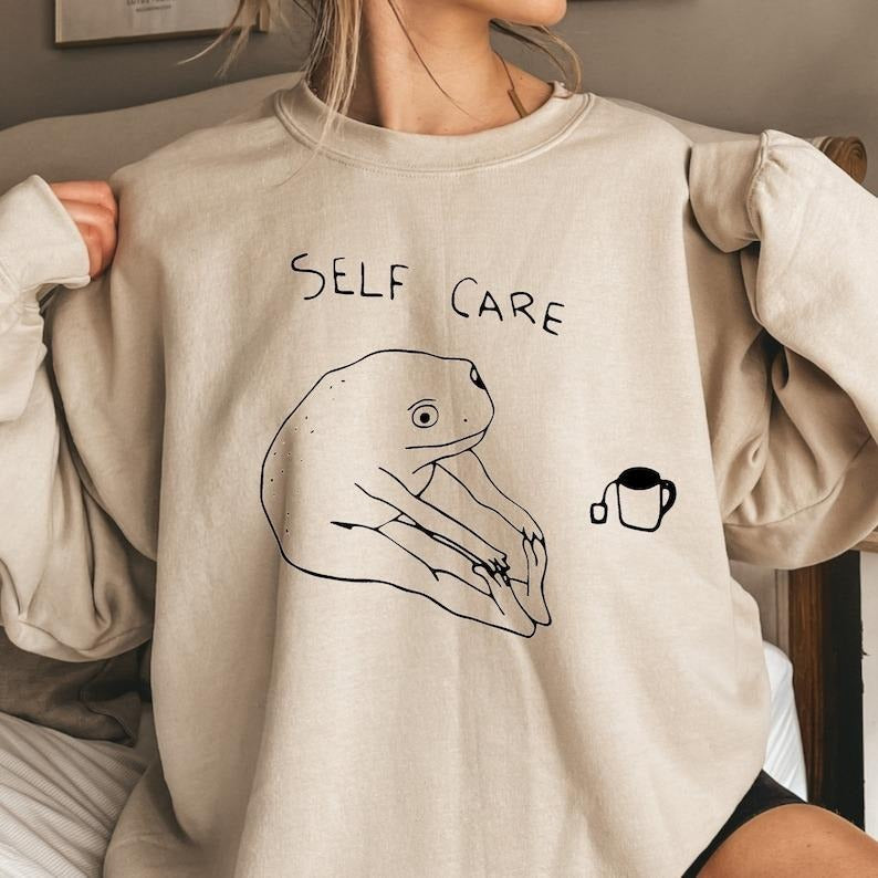 Funny Frog Self Care Sweatshirt Funny Frog Self Care Retro Hoodie, Birthday Gift For Her, Cottagecore Frog Sweatshirt,...