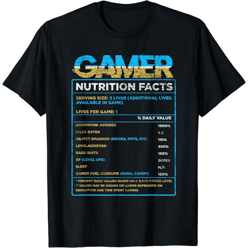 Funny Gamer Shirts, Special Gifts For Gamers, Gamer Nutrition Facts Funny Video Games Gaming T-Shirt Menswear Top Casual...