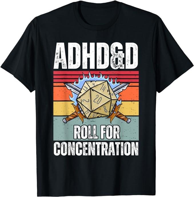 Funny Gamer Shirts, Special Gifts For Gamers, Retro Vintage ADHD&D Roll For Concentration Funny Gamer T-Shirt Menswear...