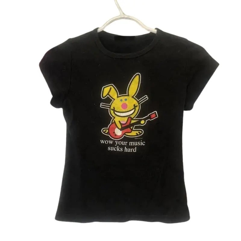 Funny Happy Bunny Baby Tee, Women Fitted T-Shirt, Y2k Top Streetwear, Gothic Emo Girl Scene Clothing 2000s, Casual Cotton...