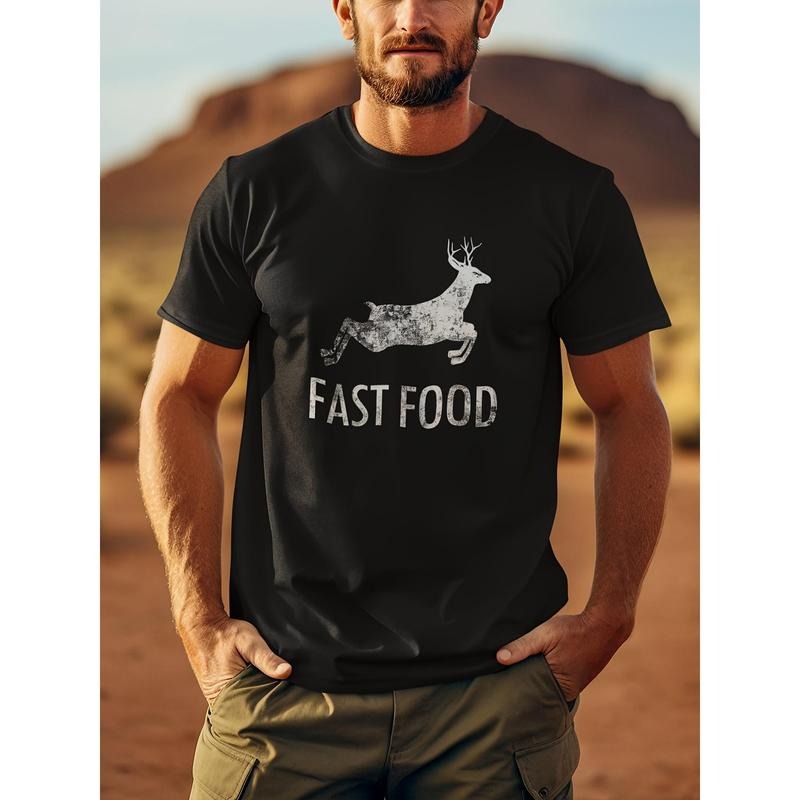 Funny Joke Hunting Shirt - Men's Front Printed Short Sleeve T-Shirt Top - Fast Food Deer - Gifts for Hunters, 1 pc, 100%...