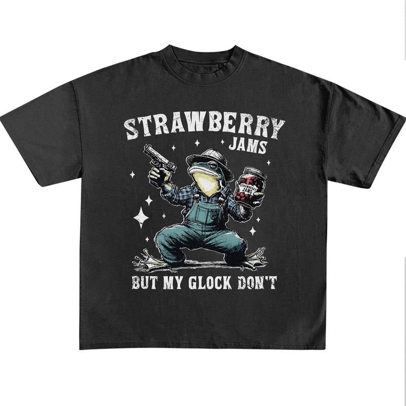 Funny Meme Frog Shirt, Strawberry Jams But My Glock Don't T-shirt, Vintage 90s Meme Shirt, Washed Frog Shirt, Distressed...