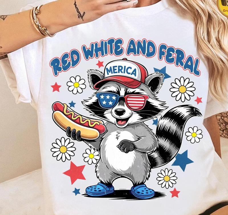 Funny Meme Racoon Red White And Feral Tshirt 4th Of July T-Shirt Retro Graphic Hoodie, Sweatshirt | GrindPrints.com