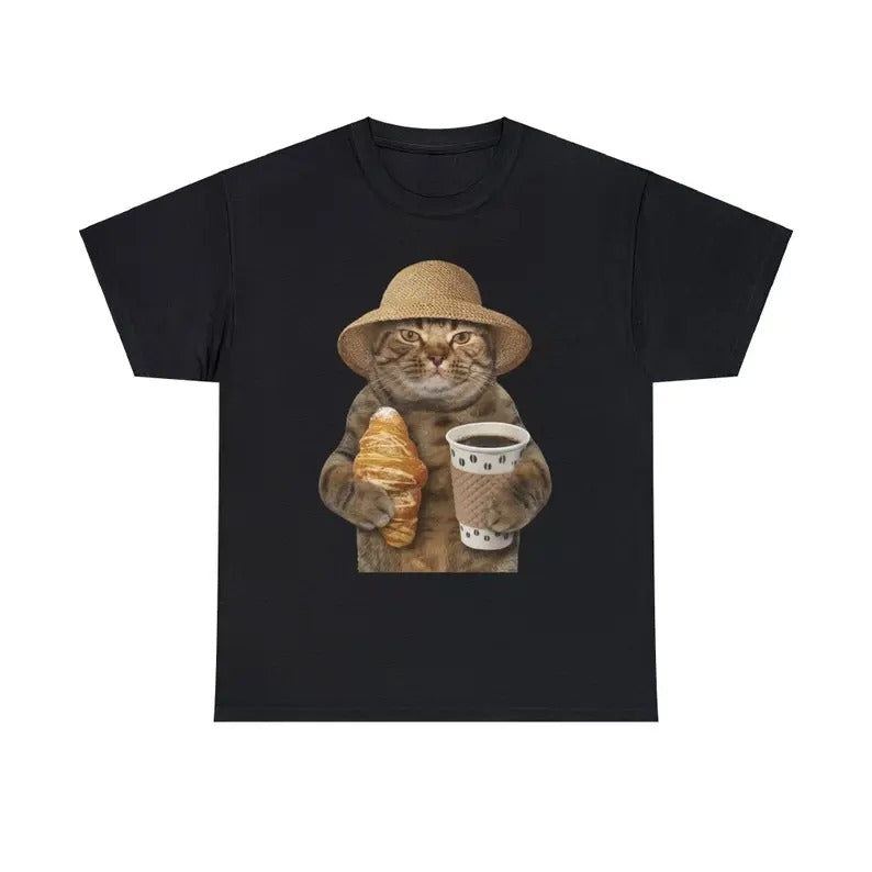 Funny Meme Shirt, Cat With Coffee And Croissant Tee, Gift Unisex T-Shirt Hoodie, Sweatshirt | GrindPrints.com