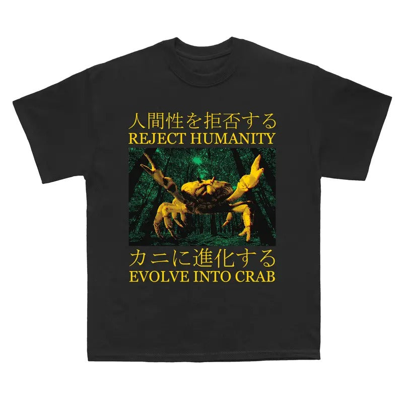Funny Meme Shirt Reject Humanity Evolve Crab Japanese Vintage Shirt Funny Meme Crab Crab Shirt Japanese Weird Funny Shirt Classic Cotton T-Shirts, Hoodie, Sweatshirt