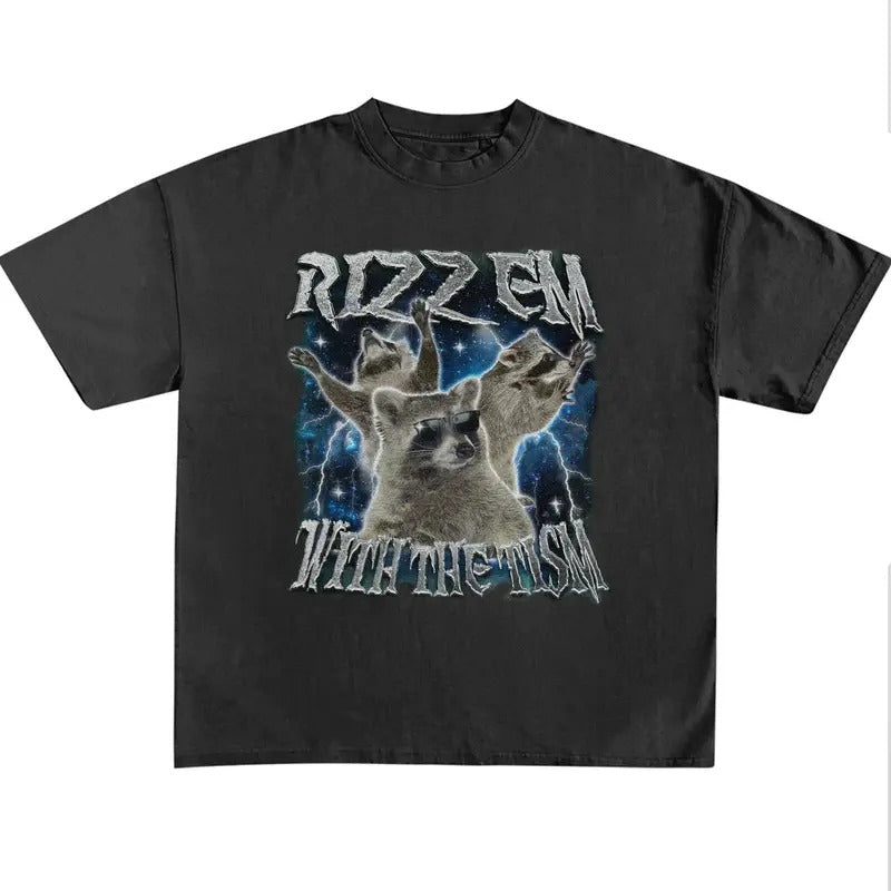 Funny Meme Shirt, Rizz Em With The Tism Raccoon Vintage Graphic Shirt, Retro 90s Raccoon Rizz Graphic Shirt, Silly Shirt...