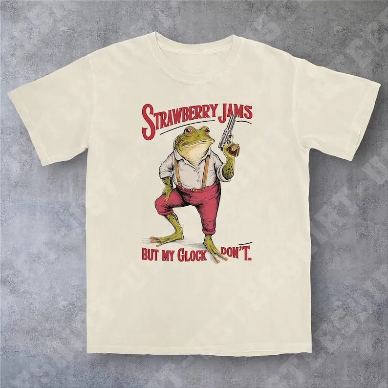 Funny Meme Shirt, Strawberry Jams But My Glock Don't Tee, Frog Y2K Gift Unisex T-Shirt Hoodie, Sweatshirt | GrindPrints.com