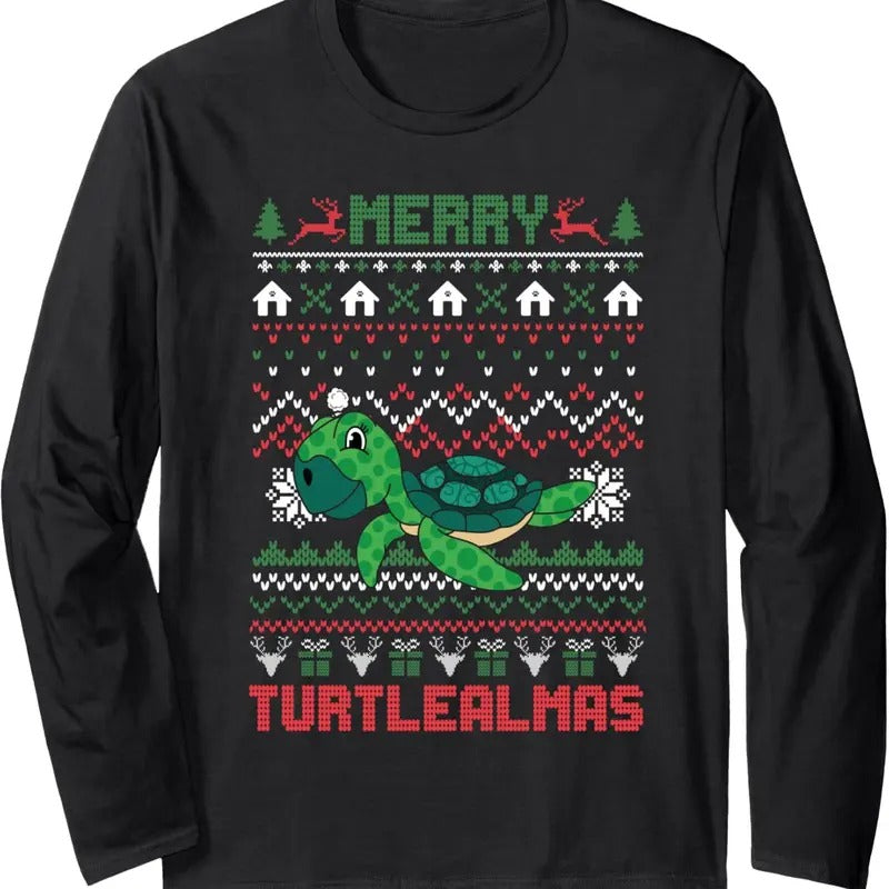 Funny Merry Ugly Christmas Sweater Turtle Cute Santa Hat Long Sleeve T-Shirt Hoodie, Sweatshirt | GrindPrints.com