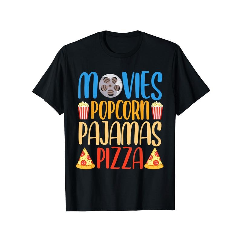 Funny Popcorn & Pizza Movie Night Graphic Tee - 100% Cotton, Soft & Breathable, Casual Crew Neck T-Shirt for Men, Black...