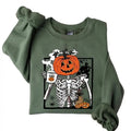 Funny Pumpkin Skeleton Drinking Coffee Sweatshirt, Coffee pumpkin Lover Unisex Sweatshirt Full Colors Full Sizes Menswear...