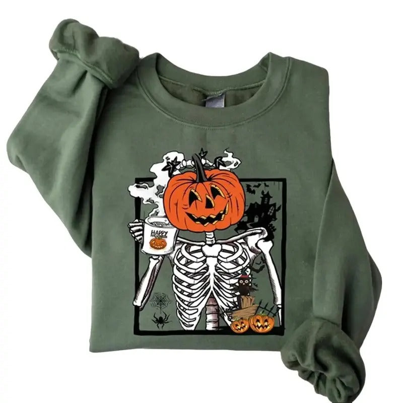 Funny Pumpkin Skeleton Drinking Coffee Sweatshirt, Coffee pumpkin Lover Unisex Sweatshirt Full Colors Full Sizes Menswear...