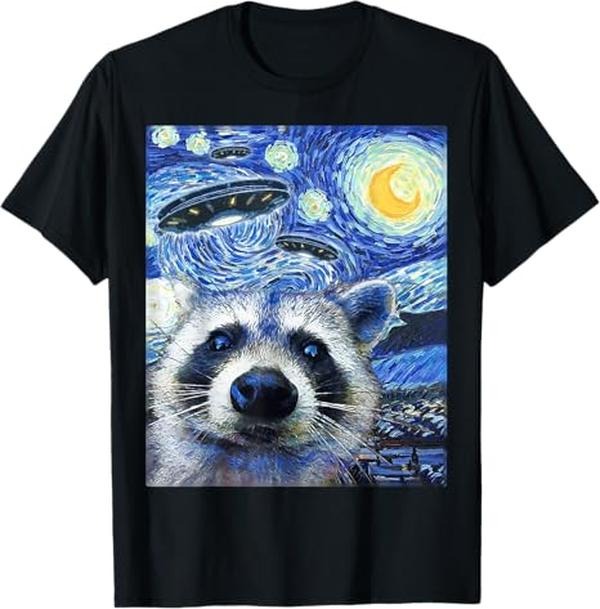 Funny Raccoon Shirt, Alien UFO Funny Raccoon Starry Night Racoon Van Gogh Vintage Funny T-Shirt For Men