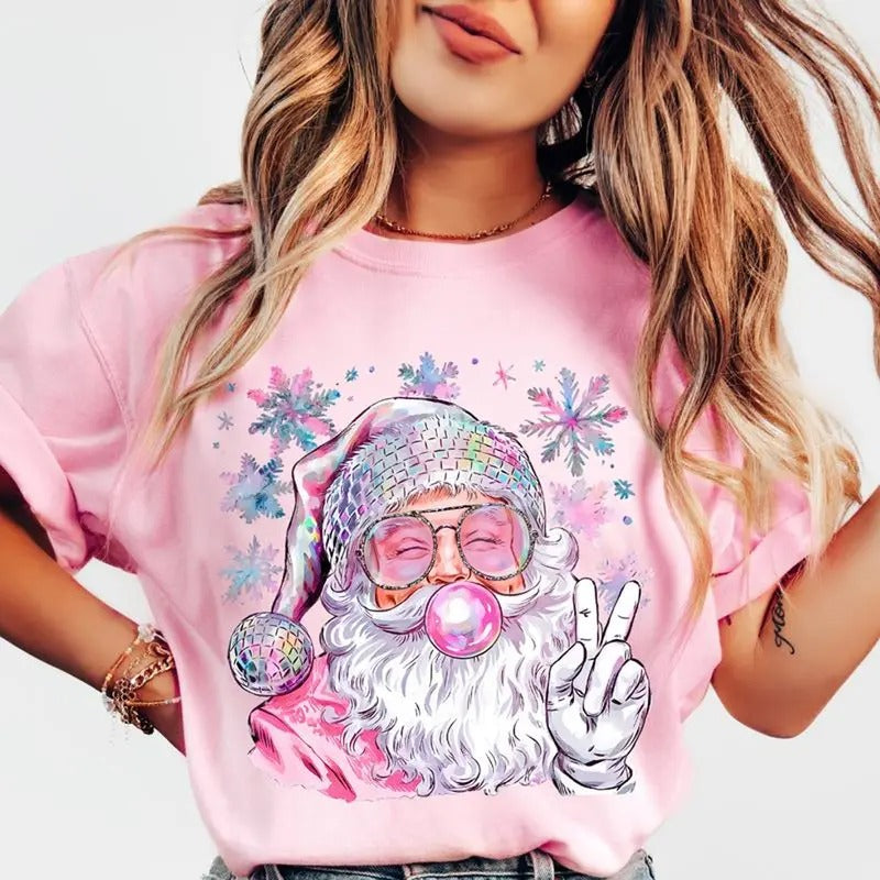 Funny Santa Chewing Gum Pink Snowflakes Christmas T-shirt Cotton Womenswear Hoodie, Sweatshirt | GrindPrints.com