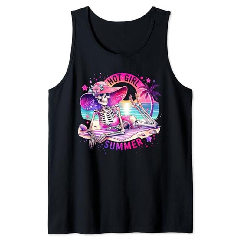 Funny Vacation Tank Top, Funny Skeleton Hot Girl Summer Vacation Hawaii Beach Groovy Tank Top Unisex Casual Cotton...