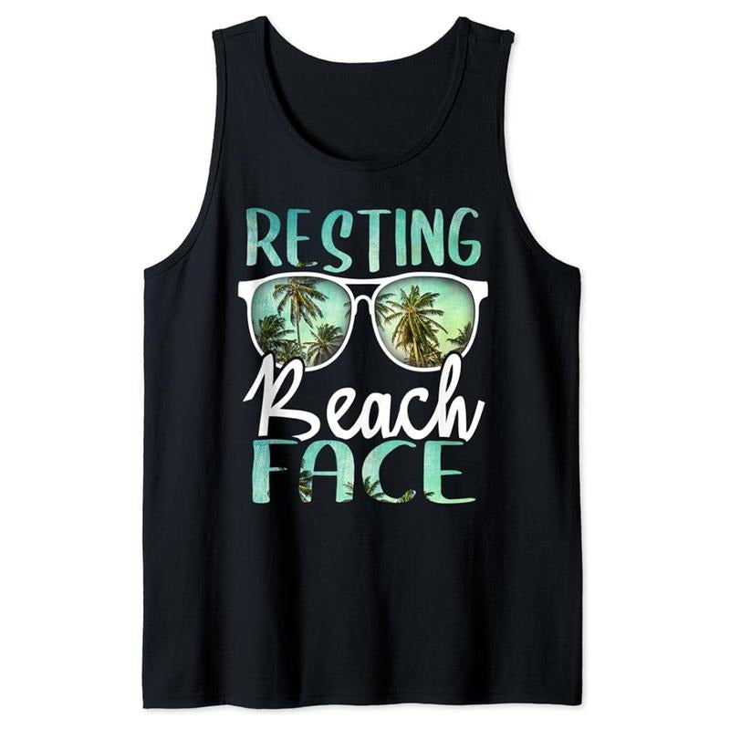 Funny Vacation Tank Top, Resting Beach Face Vintage Retro Funny Beach Vacation Tank Top Unisex Casual Classic T-Shirts,...