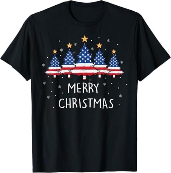 Funny Xmas Men Women Family T-Shirt, My American Flag Christmas Tree Pajama Shirt Xmas Funny T-Shirt