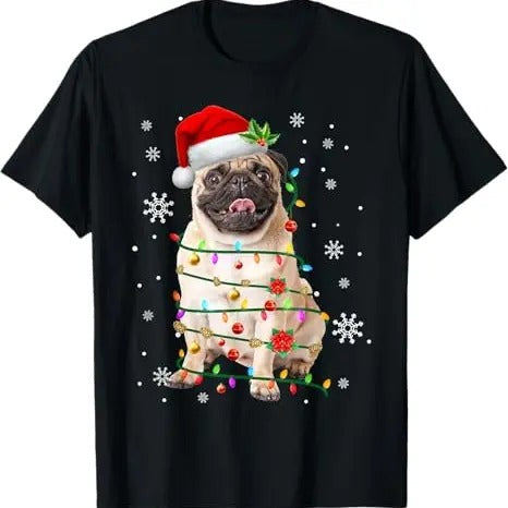 Funny Xmas Men Women Family T-Shirt, Santa Pug Christmas Lights Xmas Dog Lover T-Shirt