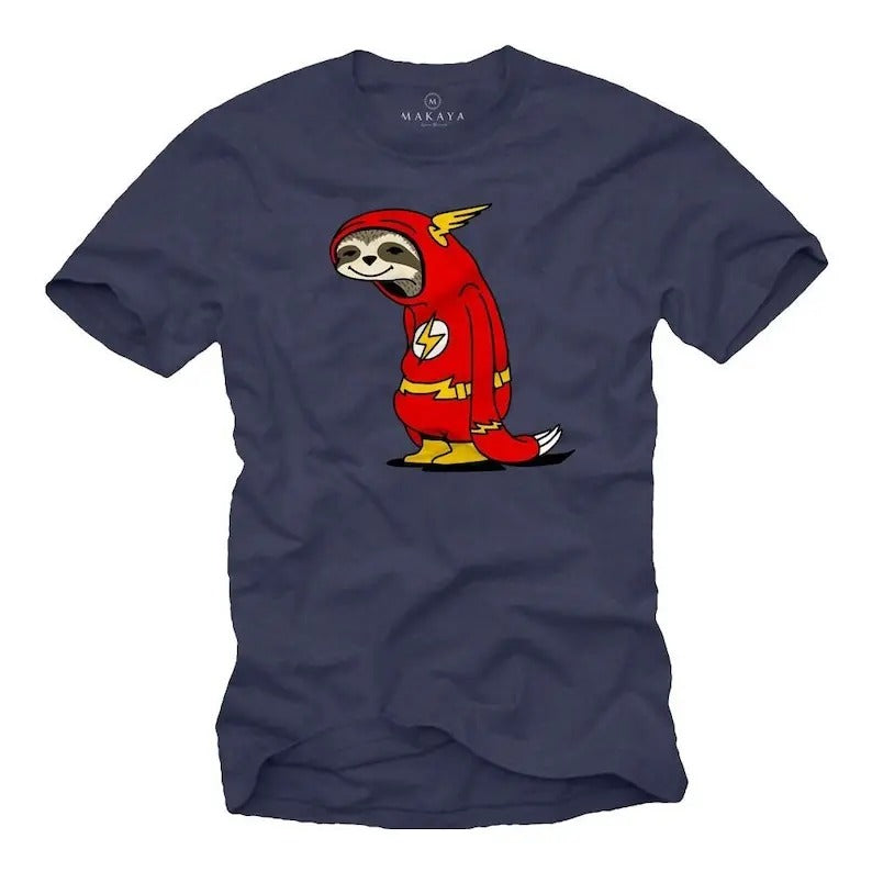 Funny men's T-shirt with print, flash sloth, blue, cool nerd gift for him - large sizes, round neck, S