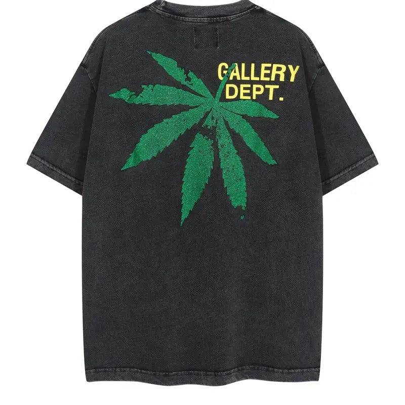 Gallery Dept Green Letter Maple Leaf Printed Short sleeved T-shirt S-XL Washed Black Hoodie, Sweatshirt | GrindPrints.com