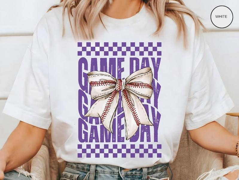 Game Day BASEBALL Shirt, Purple Coquette Bow, Team Mascot Tshirt, Gameday Tee, Baseball fan, Mama Mom Gift, Girly T-Shirt...