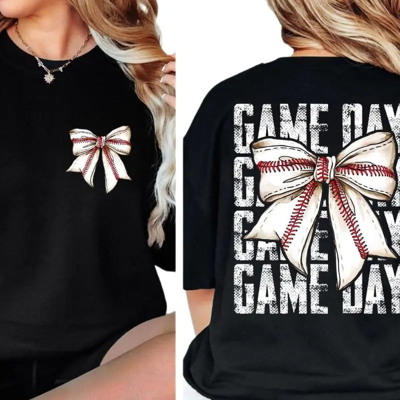 Game Day Baseball Bow TShirt Fall Coquette Bow Tee_580 - Unisex And Inclusive - Multiple Colorways
