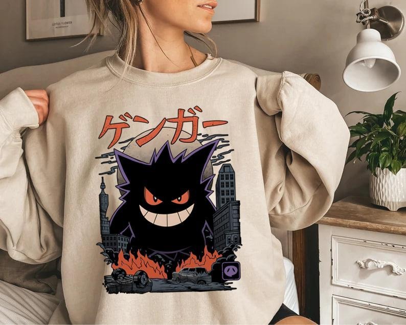 Gengar Sweatshirt, Dark Ghost Kaiju Japanese Style Shirt , Japanese Anime Movie Sweatshirts, Halloween Sweatshirt,...