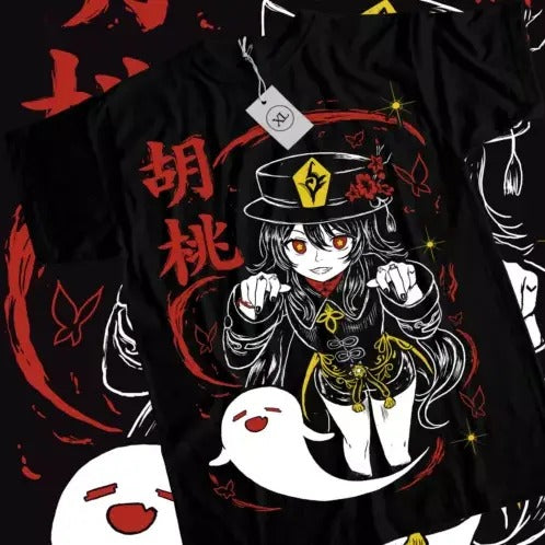Genshin Impact HuTao Harajuku T-Shirt Anime Girl Kawaii Black Shirt Tee All Size Hoodie, Sweatshirt | GrindPrints.com