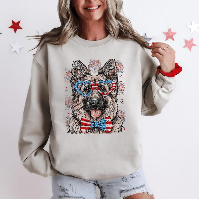 German Shepherd Patriotic Dog, USA, America, Pet Lover, 4th of July Sweatshirt, Crew Neck, Women's, Crewneck T-Shirts, Hoodie