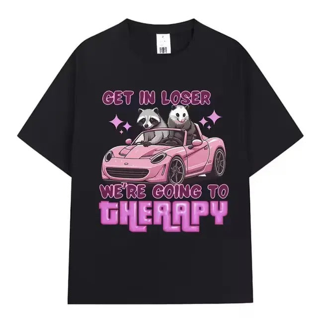 Get in Loser We Going Therapy Vintage Graphic Tee Funny Animal Raccoon Possum Meme Short Sleeve T-shirts Men Women Cotton...