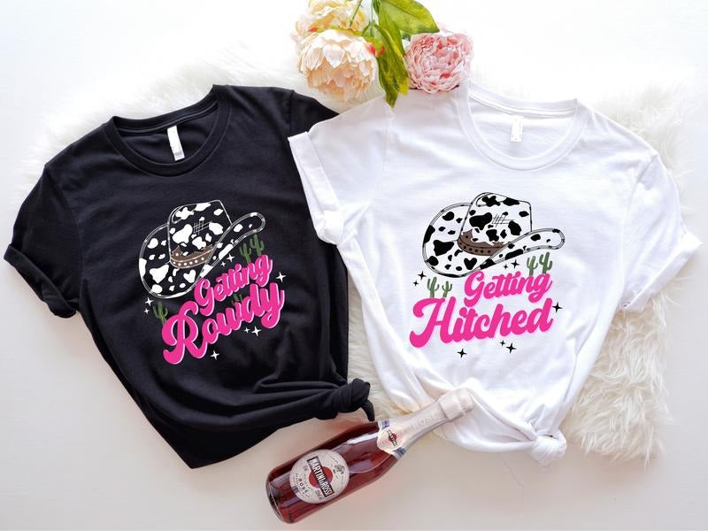 Getting Rowdy Hitched Shirt, Western Bachelorette T-shirt, Country Wedding Party Tee, Matching Bridesmaid Short Sleeve,...