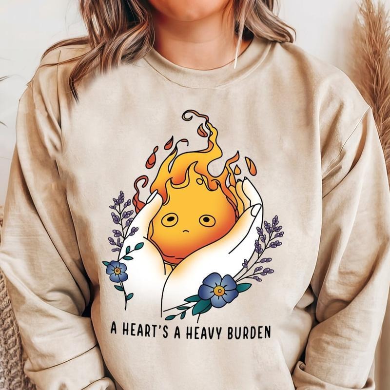 Ghibli Studio Calcifer Sweatshirt, A heart's A Heavy Burden Shirt, Floral Calcifer Shirt, Howls Moving Castle Shirt, Howl...