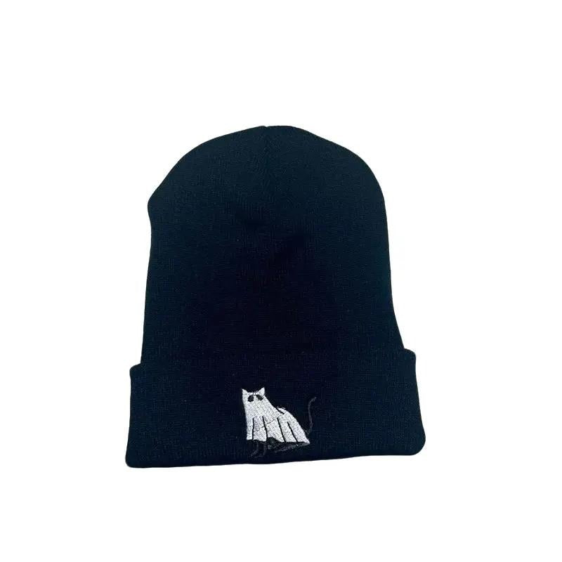 Ghost Cat Embroidered Beanie Halloween Embroidered Beanie Cotton 100% Acrylic Heather Grey Composition Adjustable Cuff...