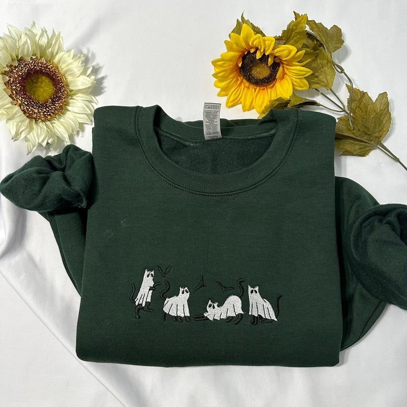 Ghost Cat Embroidered Sweatshirt | Spooky Halloween Crewneck | Vintage Y2K Inspired Sweater | Cute & Creepy Casual Top |...