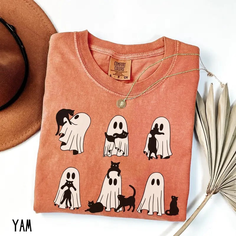 Ghost Cat Shirt, Comfort Colors Cat Ghost T-Shirt, Cute Cat Lovers Shirt, Retro Ghost Halloween, Halloween Cat T-shirt,...