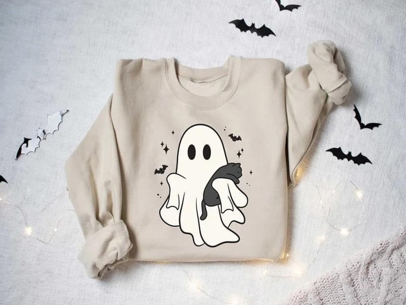 Ghost Cat Sweatshirt, Ghost Cat Tshirt, Halloween Crewneck, Ghost Shirt, Cat Lover Shirt, Cat Tshirt, Halloween Shirt,...