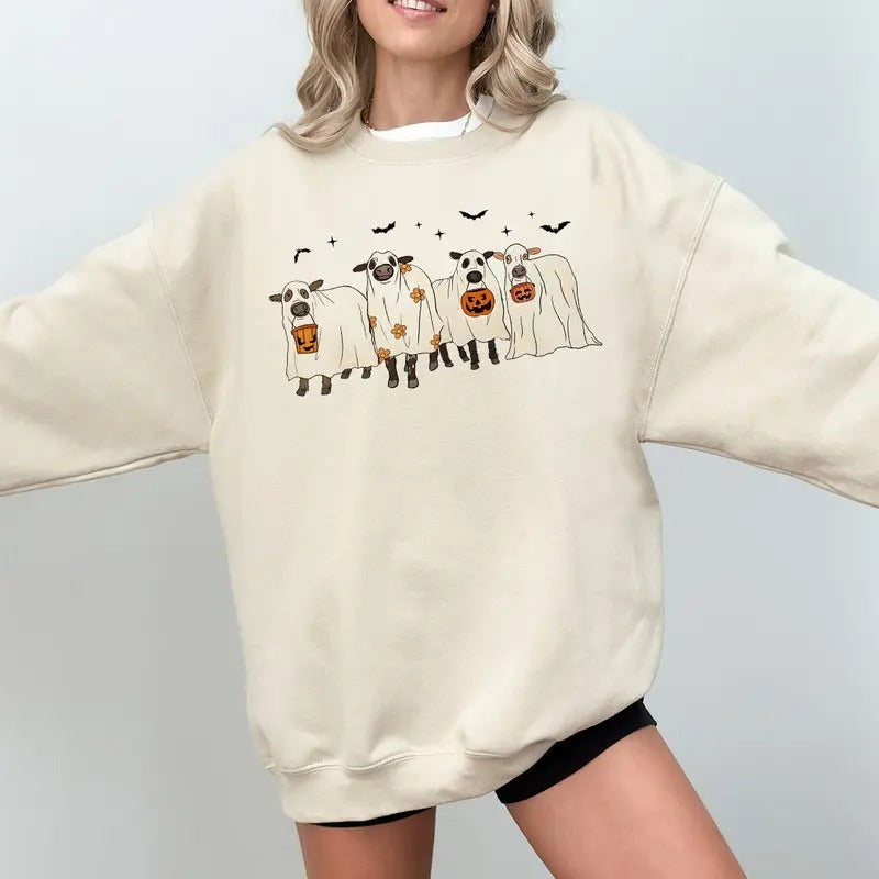 Ghost Cows Halloween Crewneck Sweatshirt, Hoodie, T-shirt | GrindPrints.com