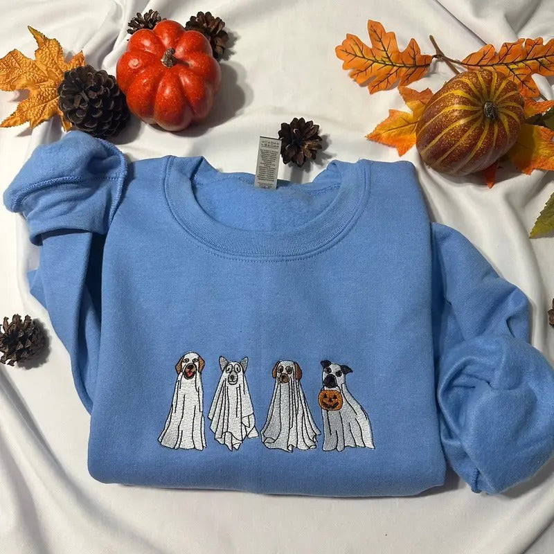Ghost Dogs embroidered sweatshirt; Halloween embroidered crewneck; Spooky season casual sweaters Casual Plain T-Shirts,...