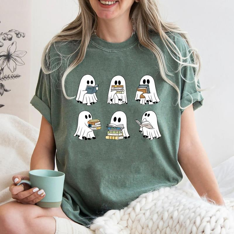 Ghost Reading Books Shirt, Bookish Halloween Shirt Comfort Colors, Teacher Librarian Halloween Gift, Halloween Book...