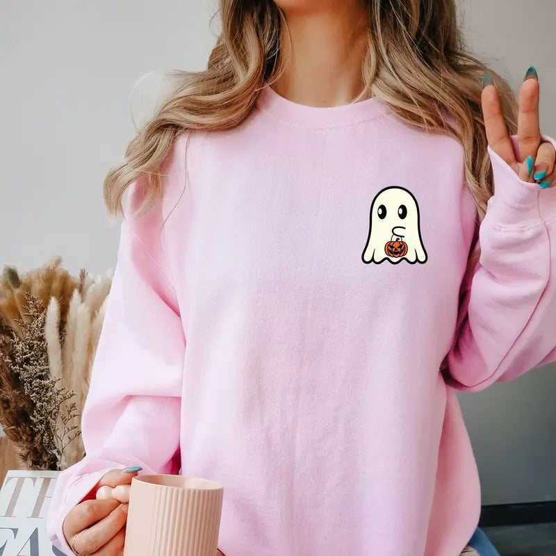 Ghost with Pumpkin Halloween Crewneck Sweatshirt T-Shirts, Hoodie | GrindPrints.com