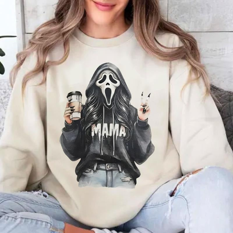 Ghostface MAMA Stylish The Death Coffee Crewneck Unisex Sweater - T-shirt Hoodie, Sweatshirt | GrindPrints.com