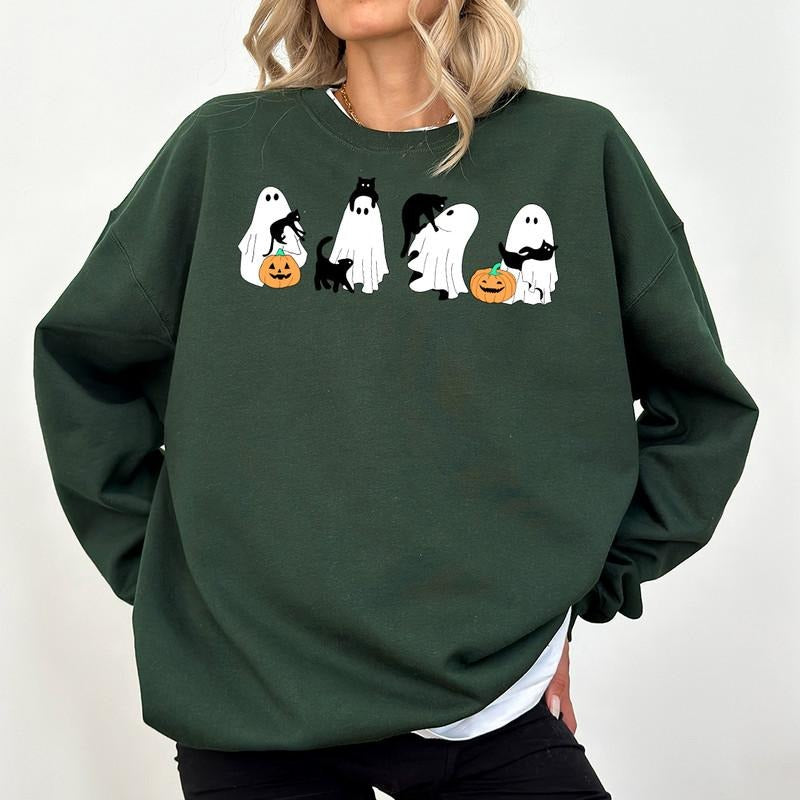 Ghosts with Cat Sweatshirt, Cute Halloween Ghosts Sweatshirt, Cat Lover Ghost Sweatshirt, Halloween Cat Mom...