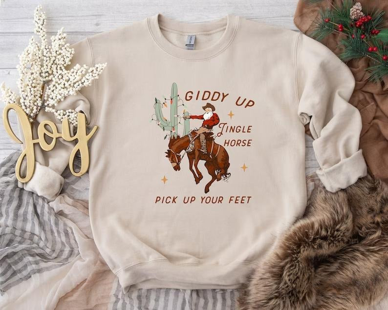 Giddy Up Christmas Sweatshirt, Vintage Cowboy Catus Christmas Tree Shirt, Trendy Jingle Horse Xmas Sweatshirt Classic...