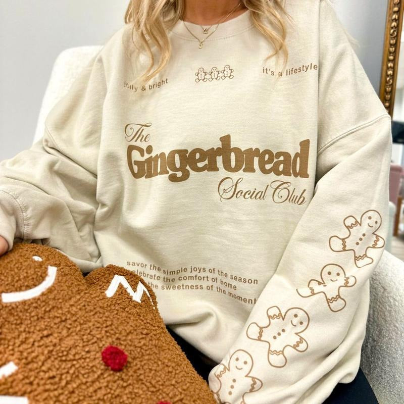 'Gingerbread Social Club' Sweatshirt, Festive Sleeve Print, Christmas Vibes Crewneck T-Shirts, Hoodie | GrindPrints.com