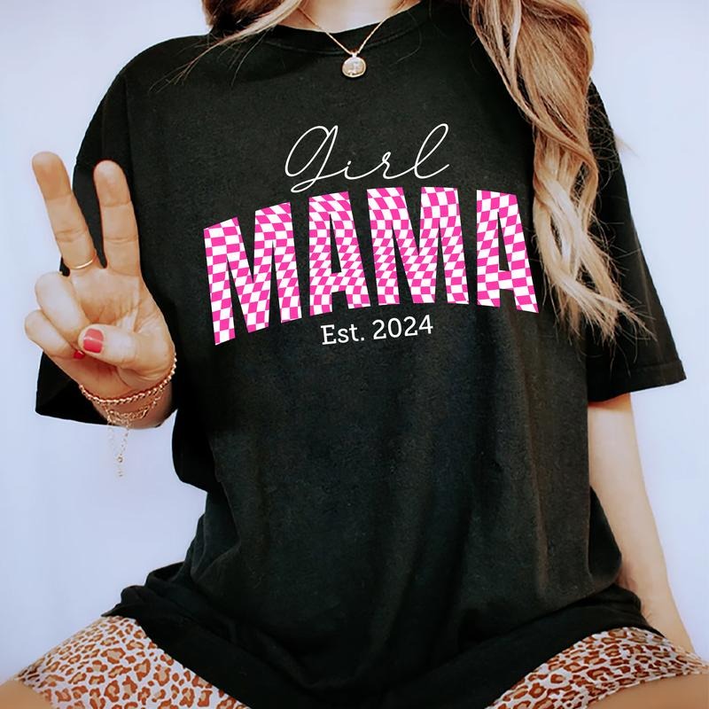 Girl Mama Est. 2024 Shirt, Girl Mama Comfort Colors Shirt, Pink Checkered Girl Mama Tee, Mom Graphic Printed Short Sleeve...