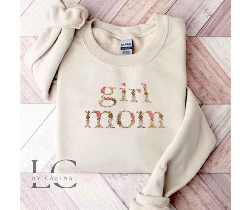 "Girl Mom" Floral Print Embroidered Custom Floral Mom Jumper T-Shirts, Hoodie, Sweatshirt
