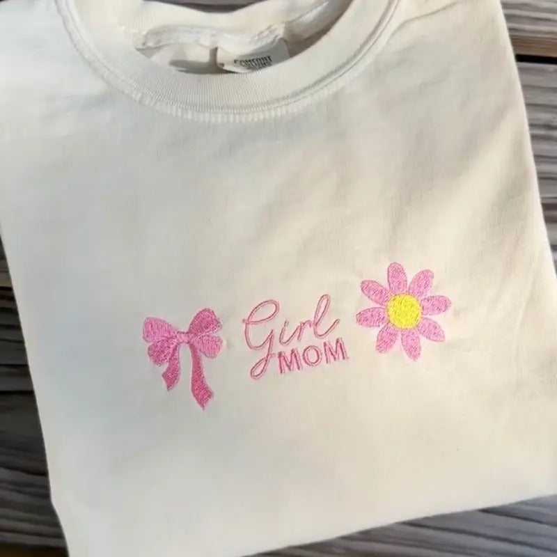 'Girl Mom' Flowers & Bows T-Shirt, Embroidery Comfort Colors Mama Tee Hoodie, Sweatshirt | GrindPrints.com
