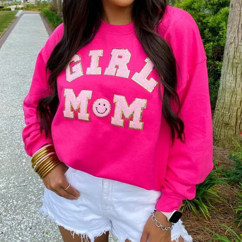 'Girl Mom' Letter Patch Sweatshirt T-Shirts, Hoodie | GrindPrints.com