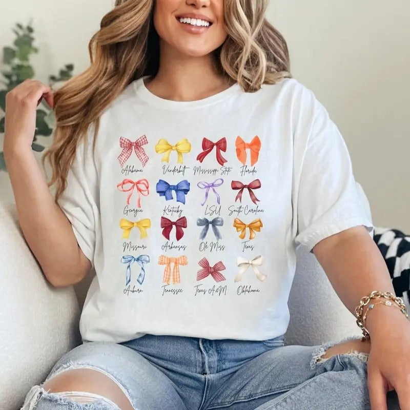Girly Coquette Bow SEC Teams Collage Sweatshirt, Tshirt, Full Sizes, Full Colors, Cotton Crewneck Tee, Comfort Top Hoodie