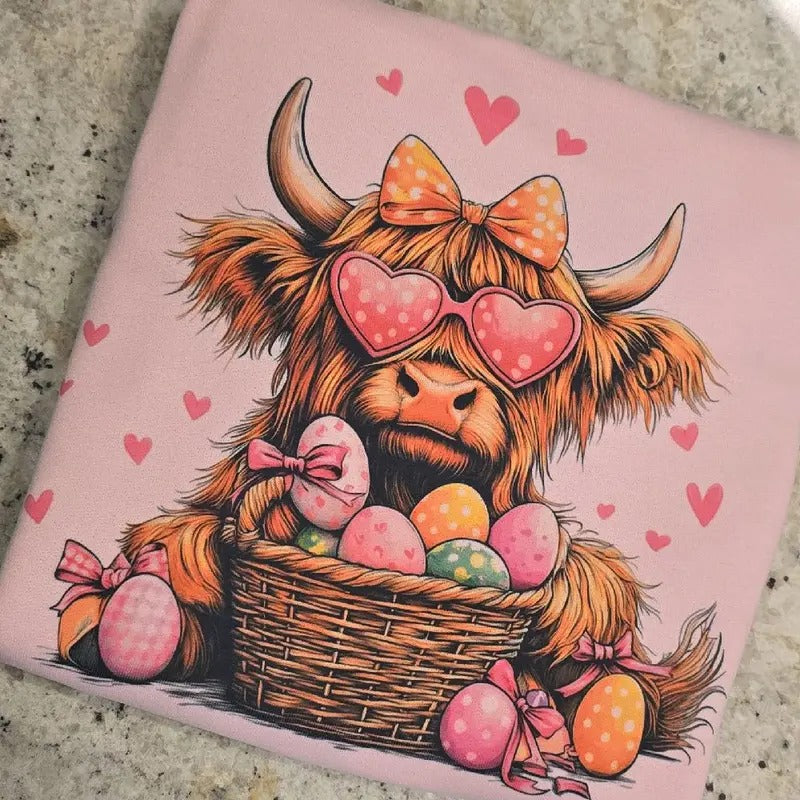 Girly Easter highland cow Tee or Sweatshirt Hoodie | GrindPrints.com
